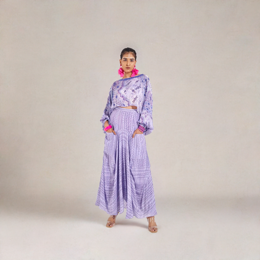 Elevate Purple Electric Crepe Azara Crop Top & Printed Skirt Set