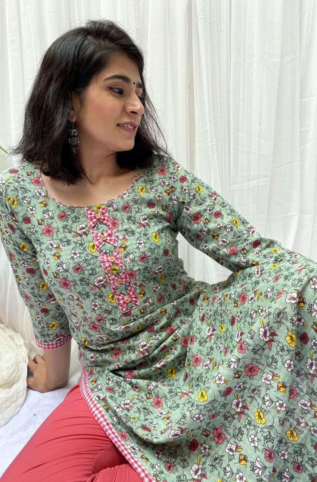 Soothing Green Cotton Floral Print Kurta with Bow Detail - Arya