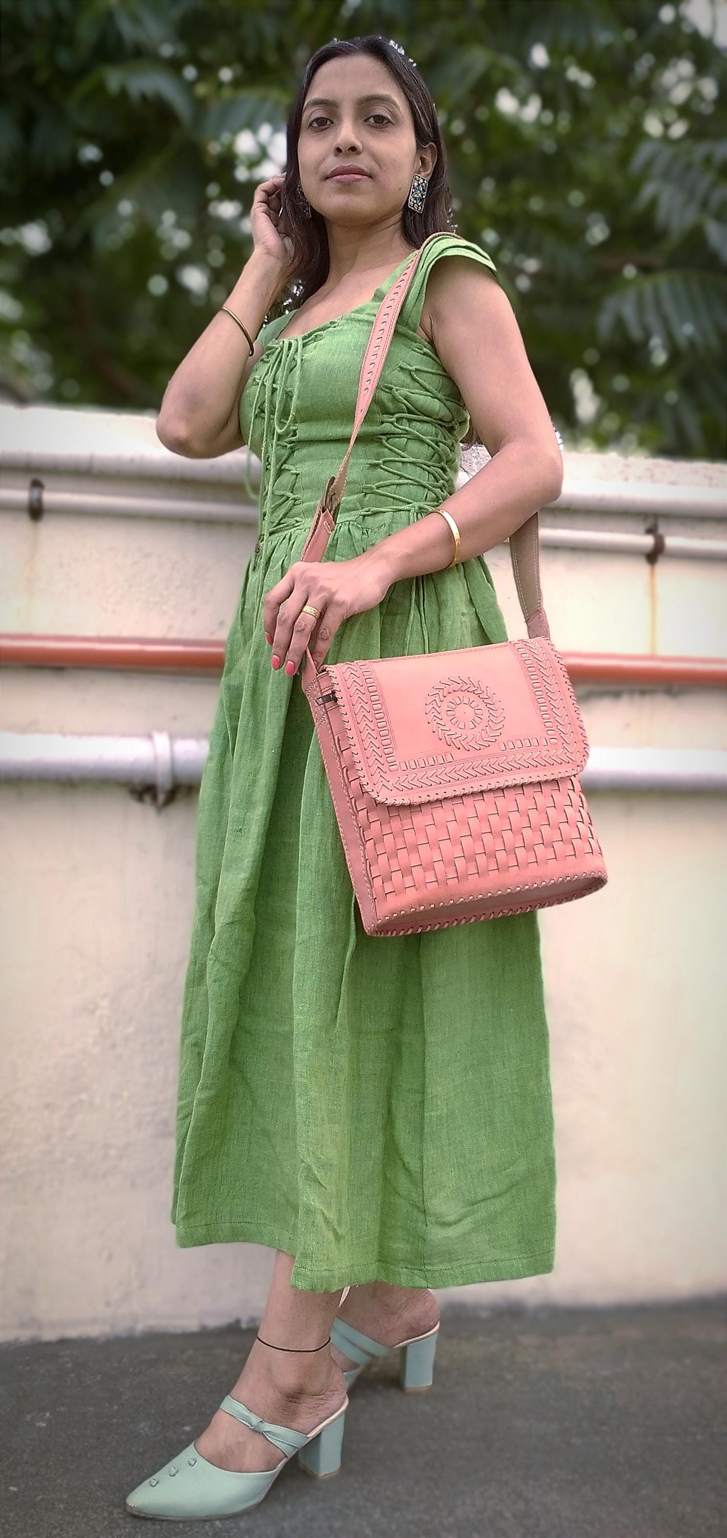 Lumina Peach Handbraided Leather Designer Bag - Cross Shoulder Sling