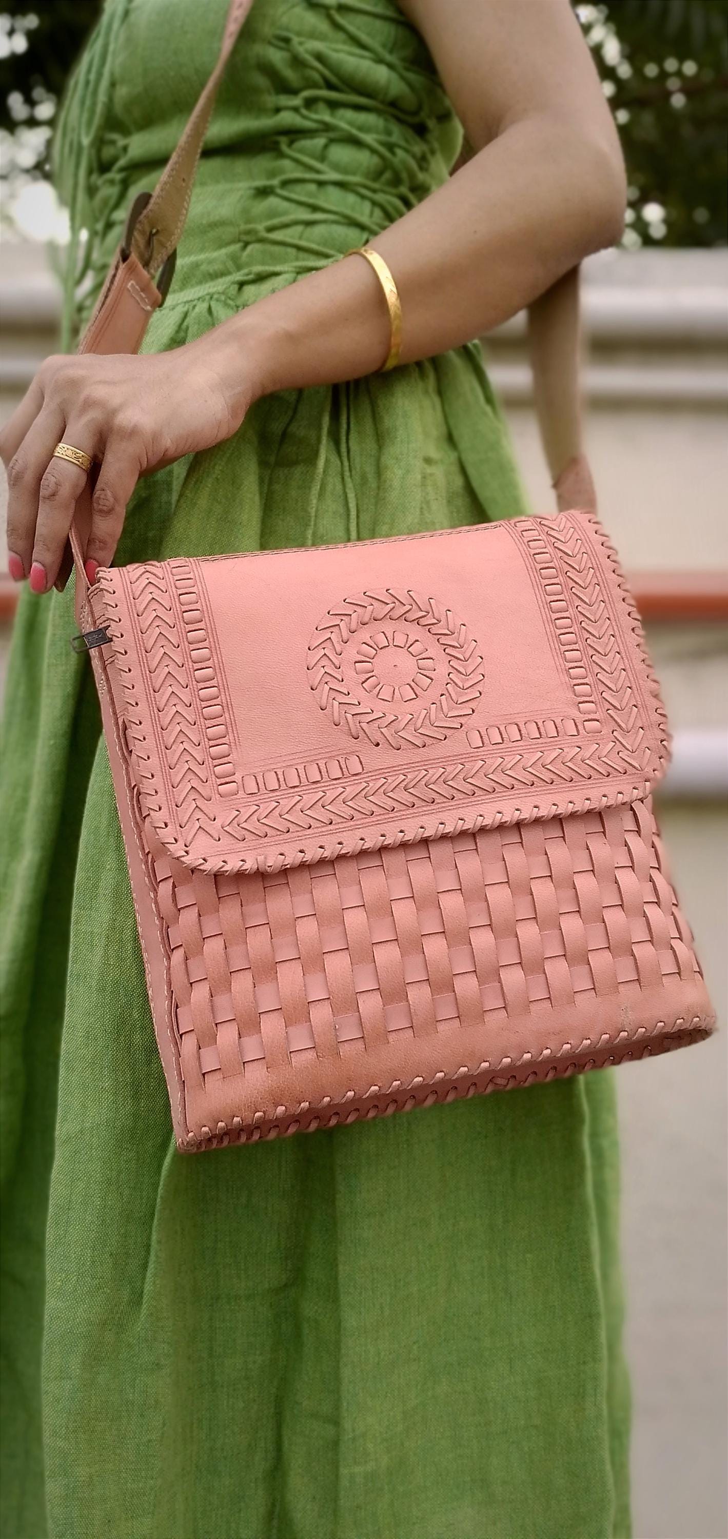 Lumina Peach Handbraided Leather Designer Bag - Cross Shoulder Sling