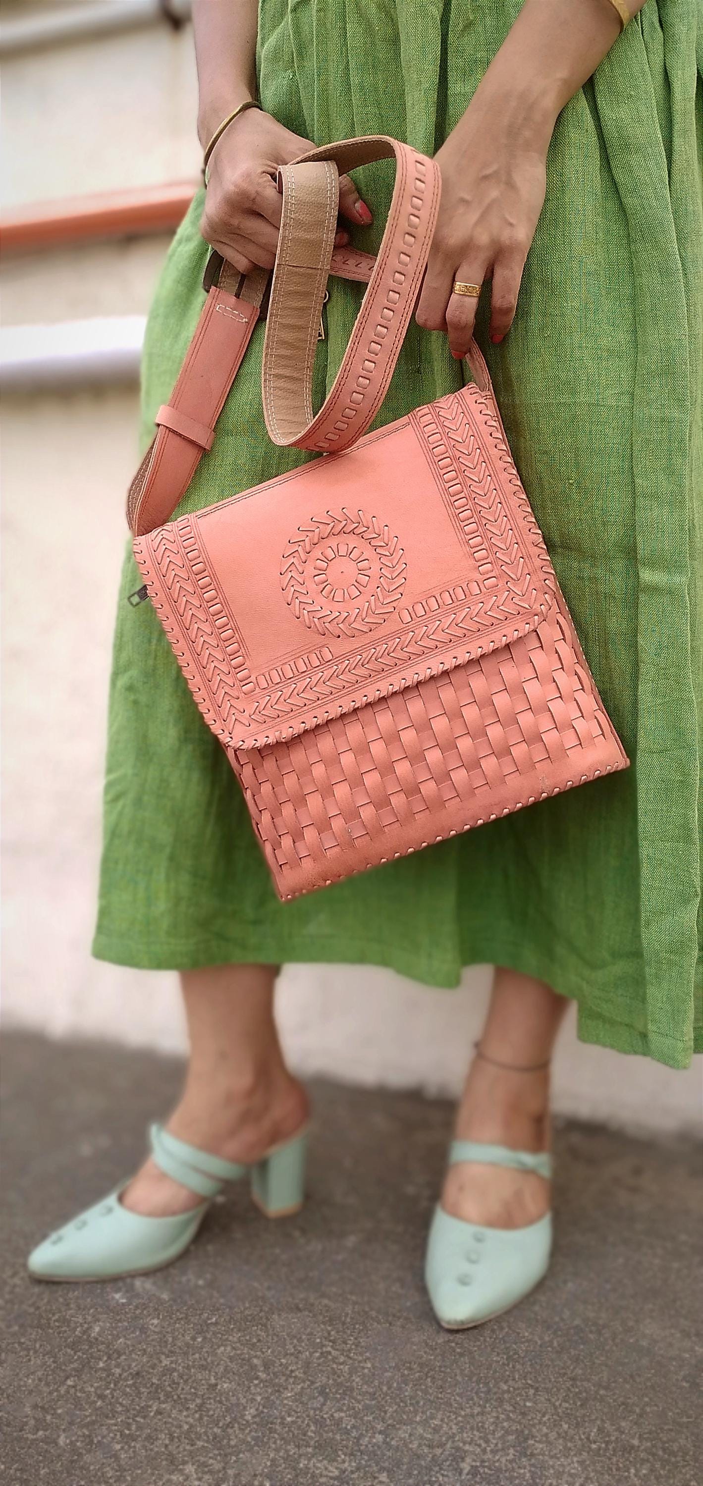 Lumina Peach Handbraided Leather Designer Bag - Cross Shoulder Sling