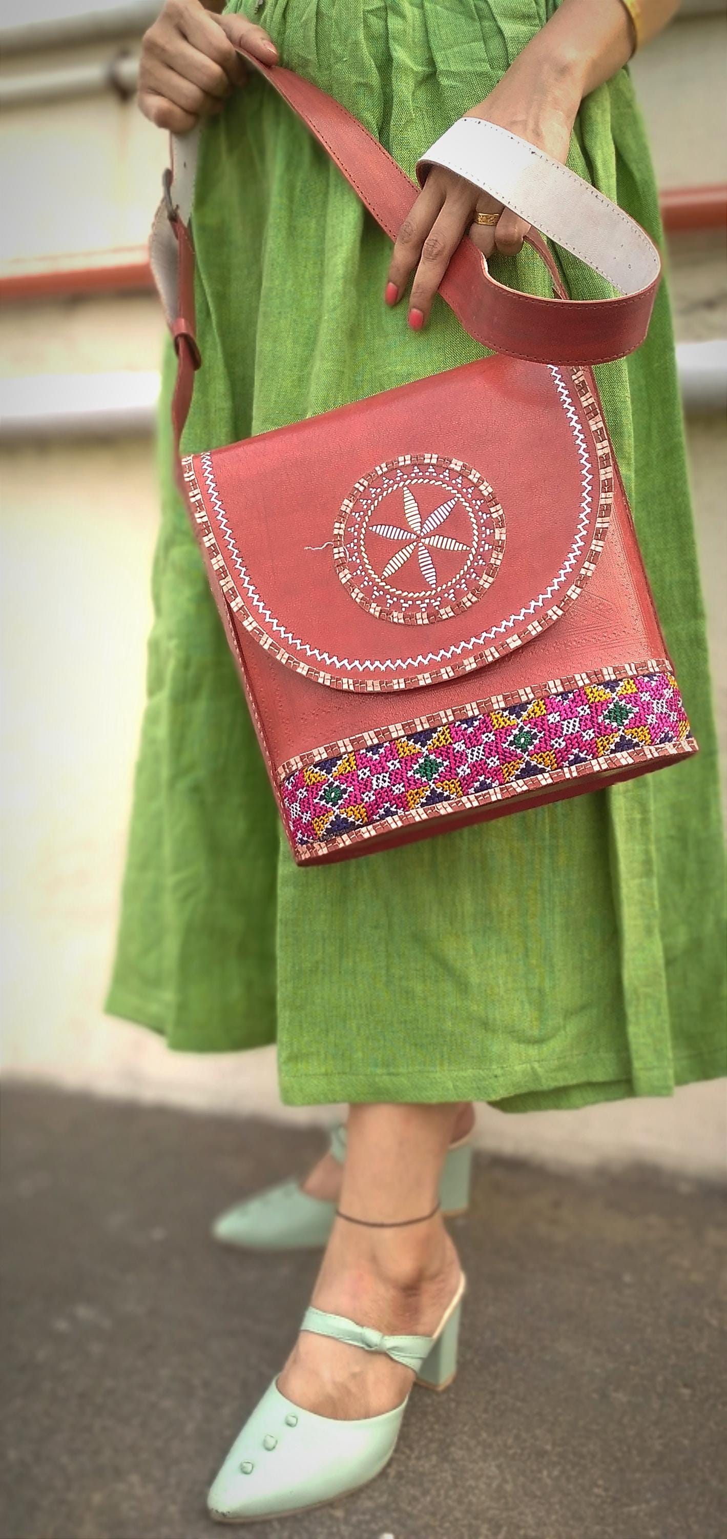 Symphony Brown & Red Hand-Embroidered Leather Bag - Cruelty Free