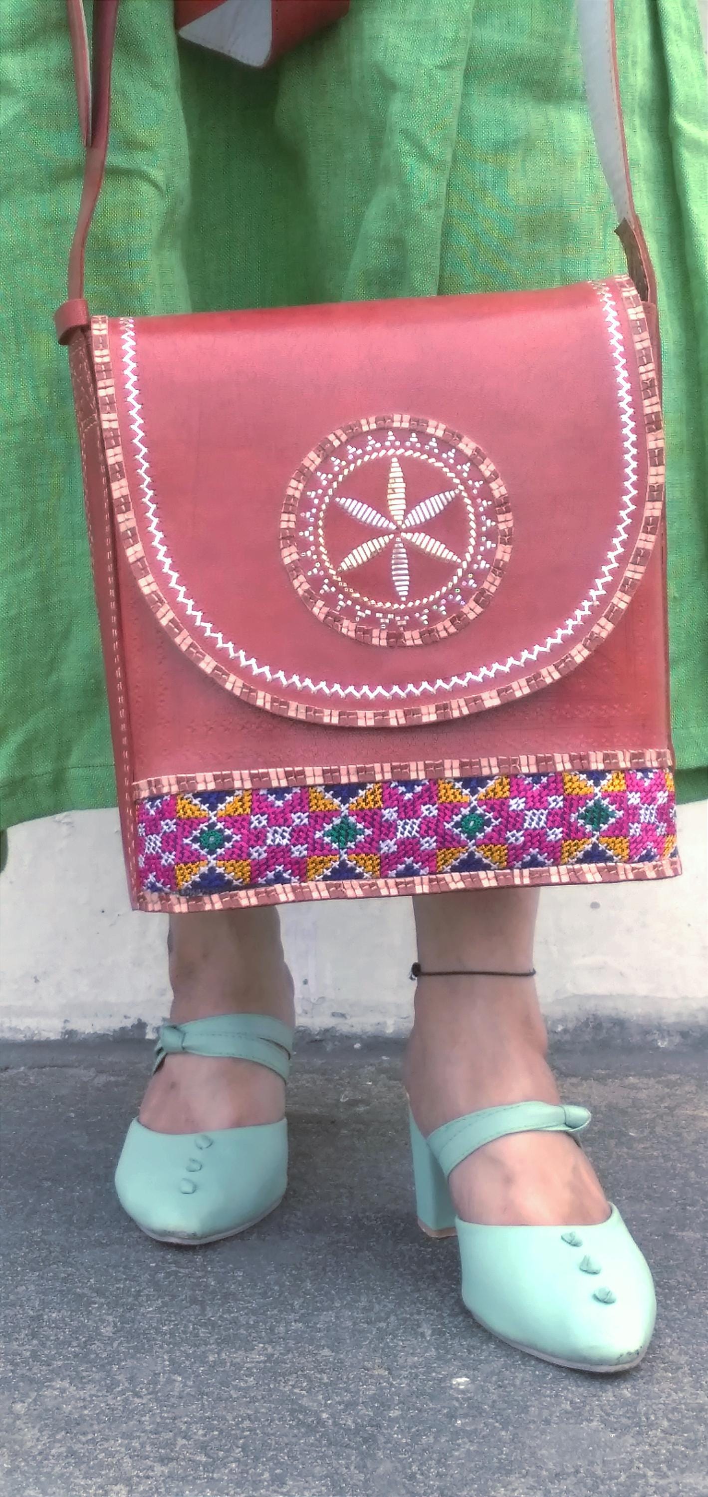 Symphony Brown & Red Hand-Embroidered Leather Bag - Cruelty Free