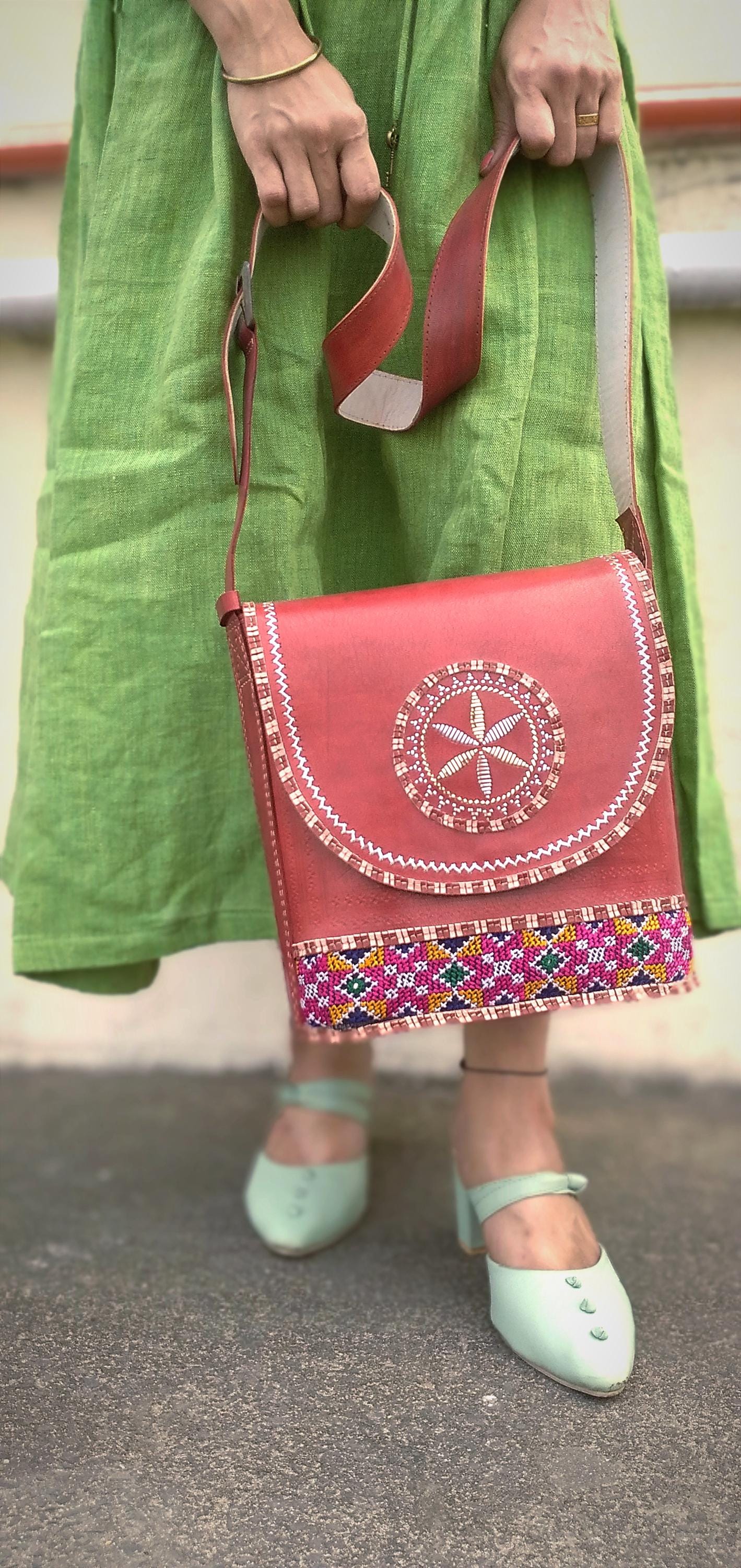 Symphony Brown & Red Hand-Embroidered Leather Bag - Cruelty Free