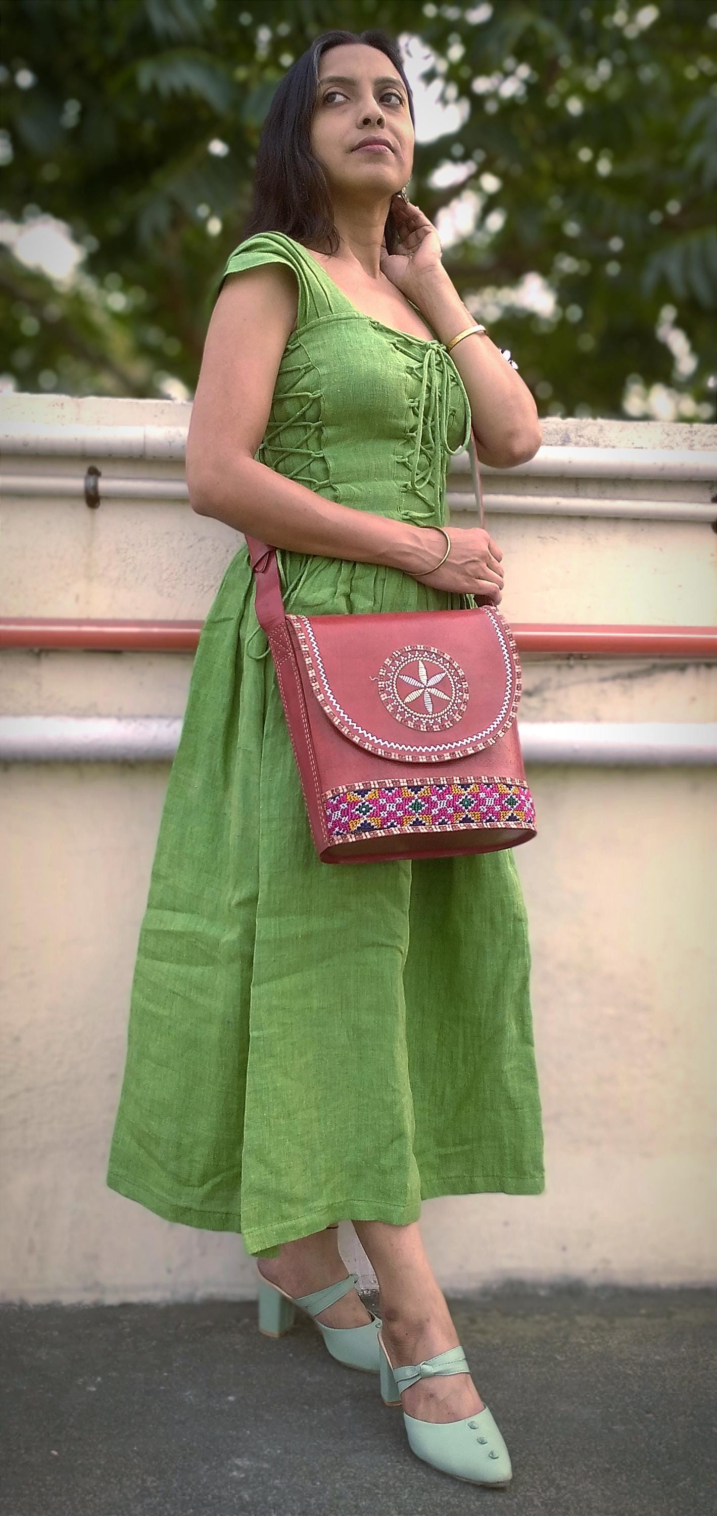 Symphony Brown & Red Hand-Embroidered Leather Bag - Cruelty Free