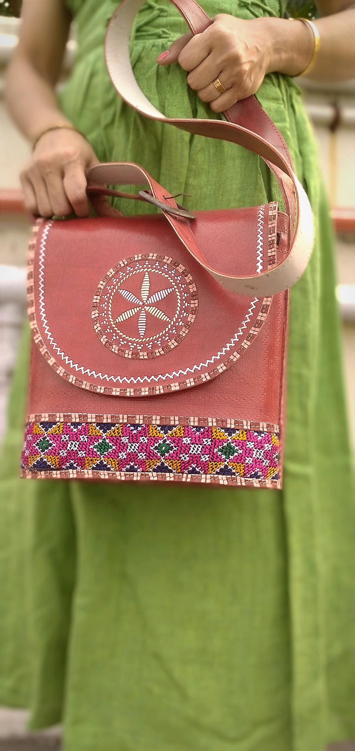 Symphony Brown & Red Hand-Embroidered Leather Bag - Cruelty Free