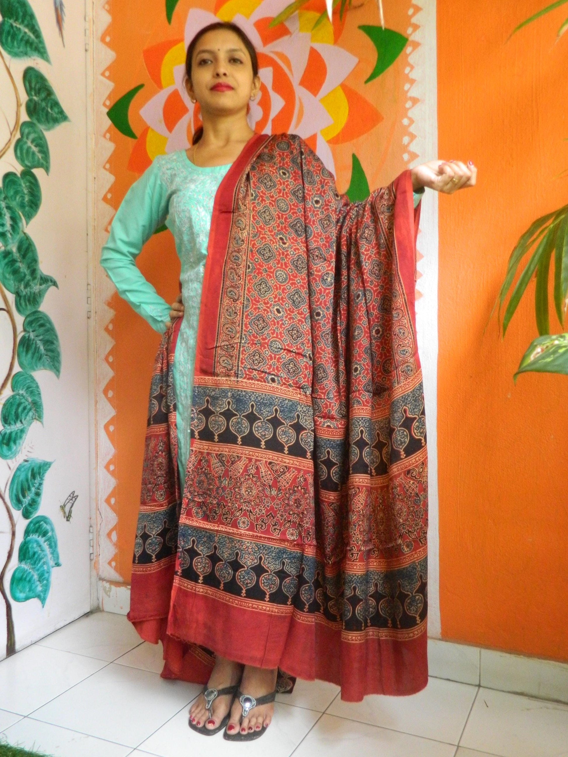 Zubeida Red & Black Ajrakh Modal Silk Dupatta - Natural Dye Stole