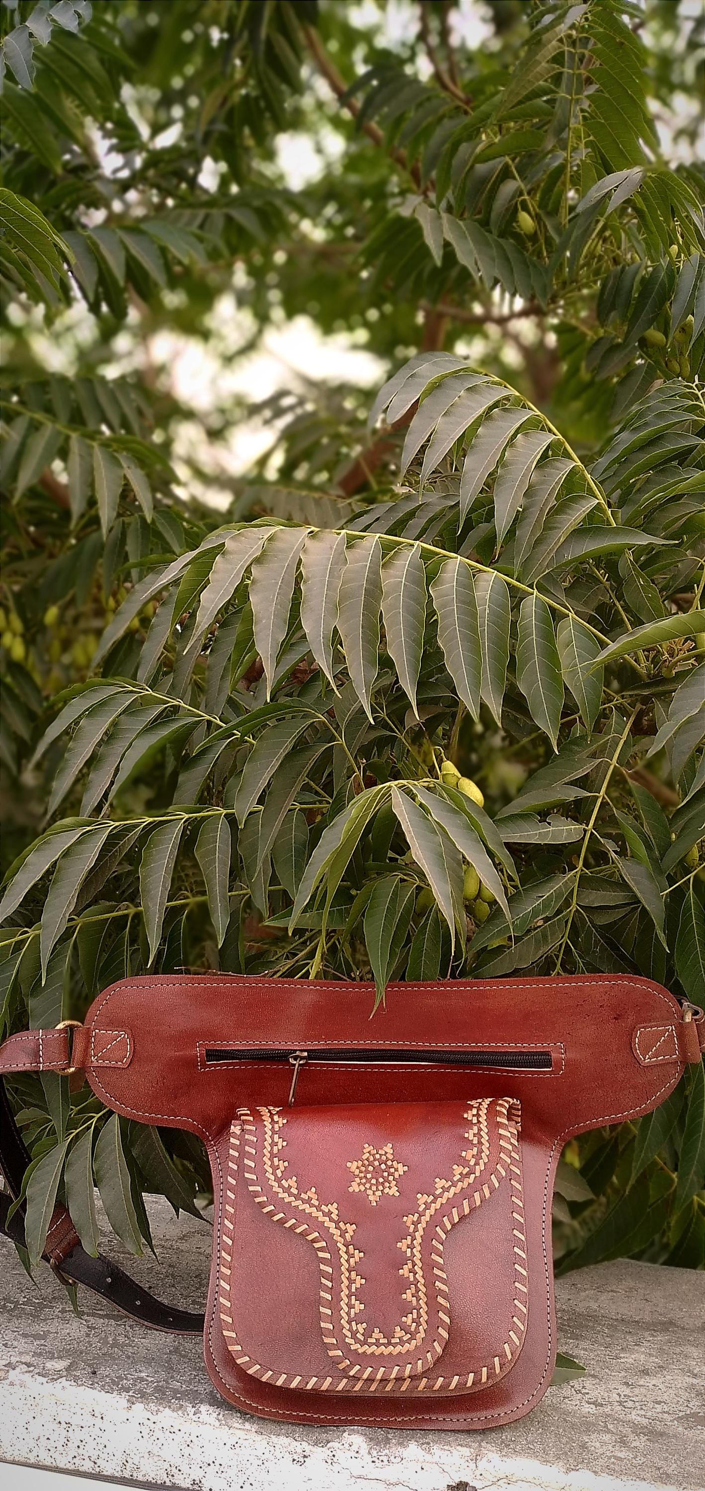 Dark Brown Cruelty-Free Leather Bohemian Style Saddle Bag Ethnic Pattern