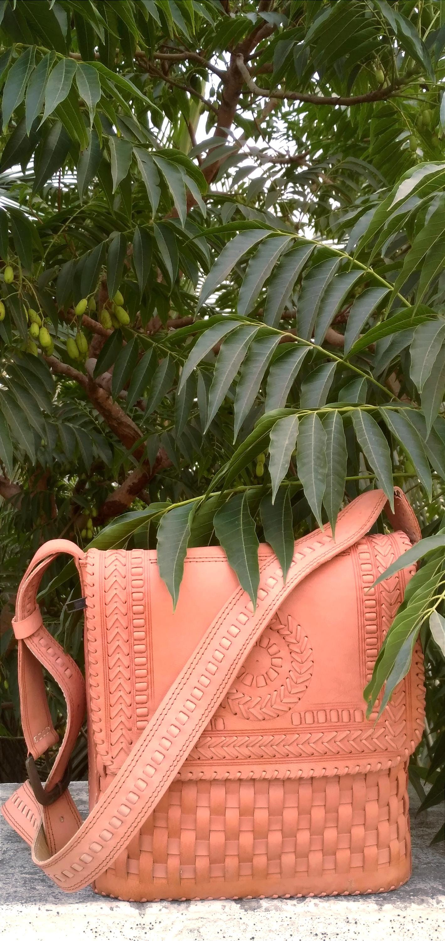 Lumina Peach Handbraided Leather Designer Bag - Cross Shoulder Sling