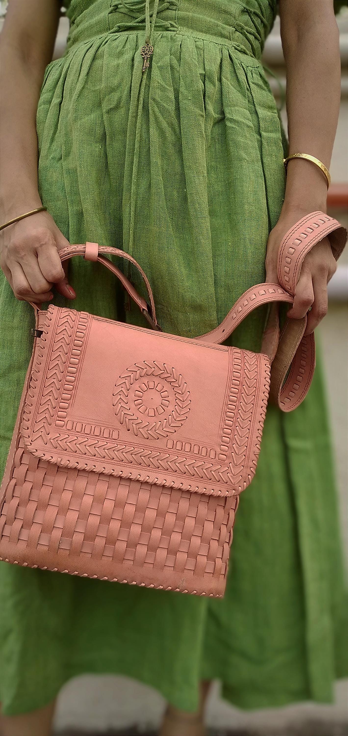 Lumina Peach Handbraided Leather Designer Bag - Cross Shoulder Sling