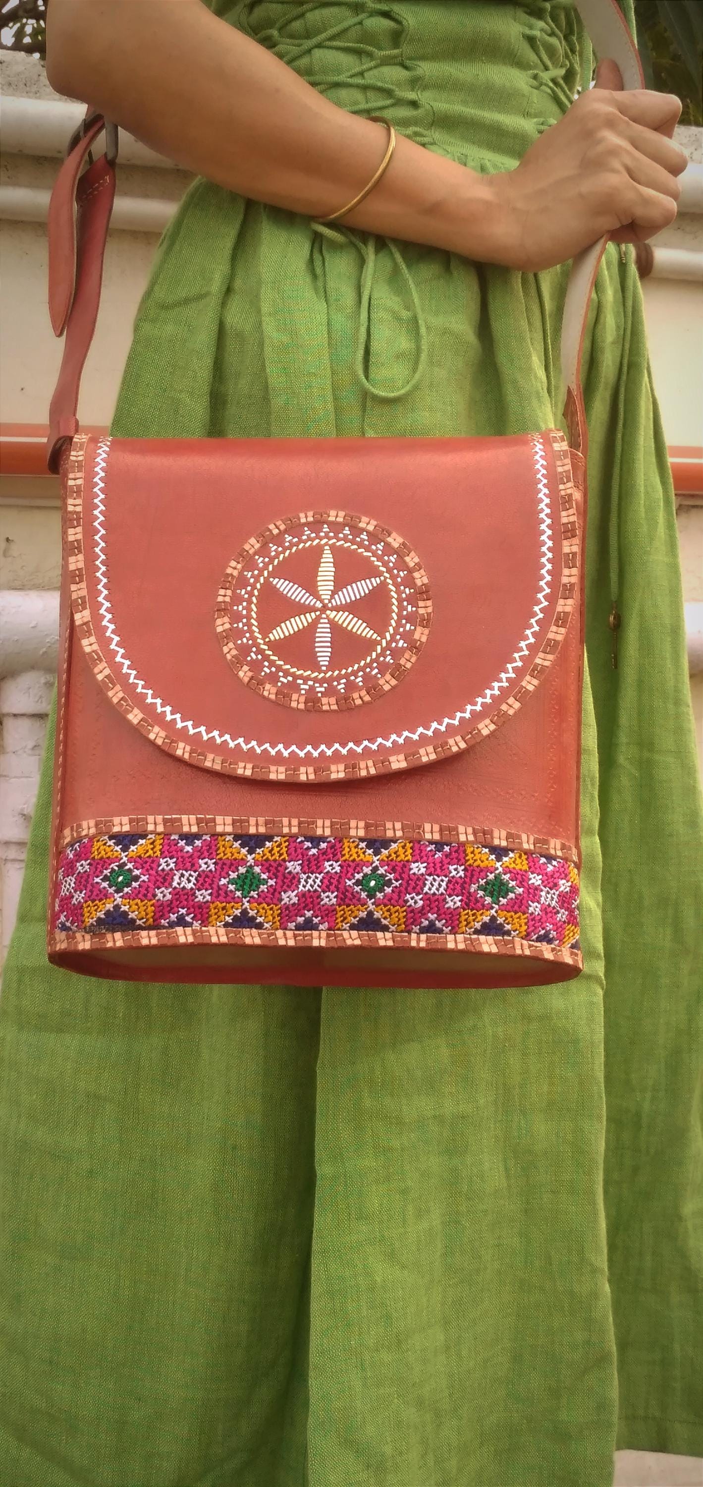 Symphony Brown & Red Hand-Embroidered Leather Bag - Cruelty Free