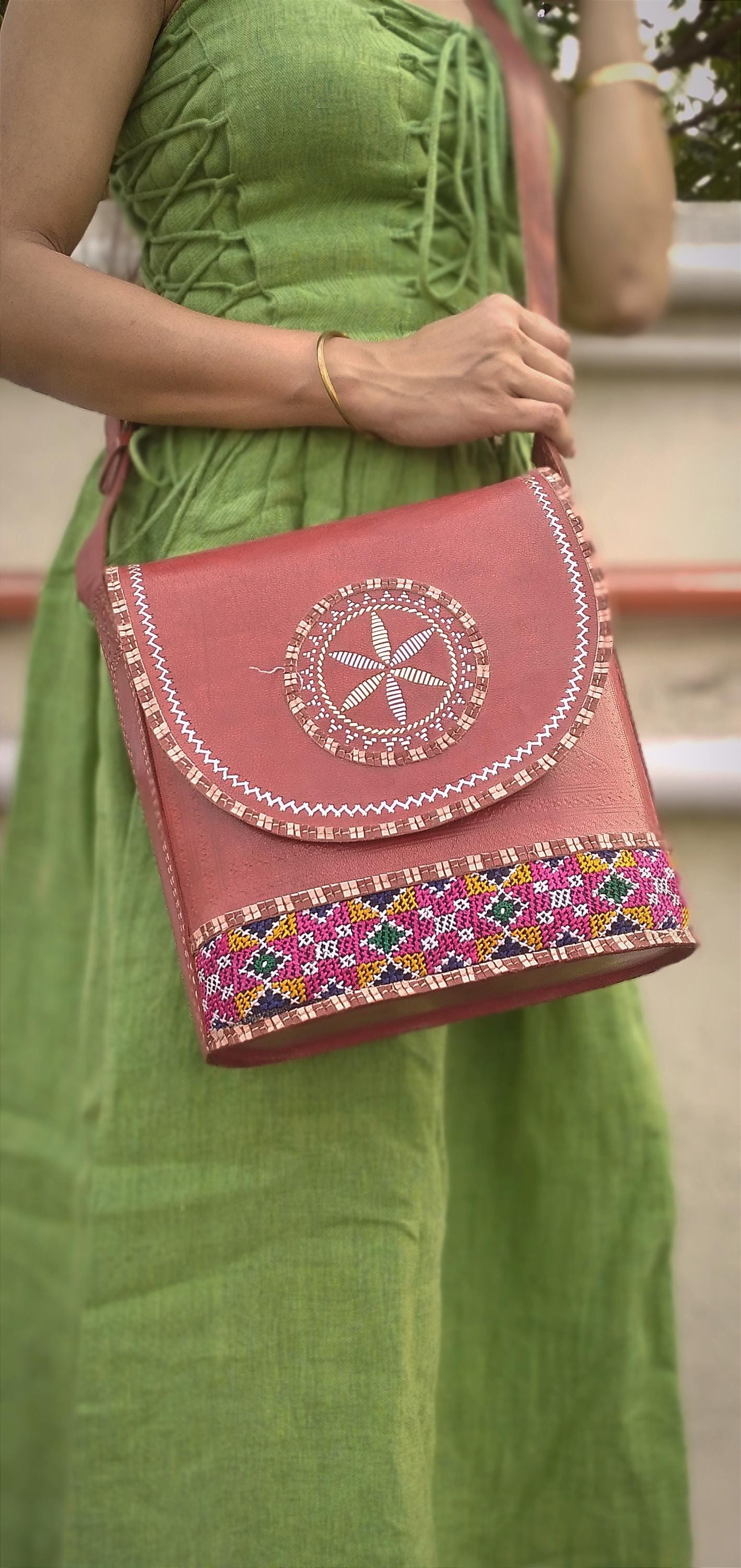 Symphony Brown & Red Hand-Embroidered Leather Bag - Cruelty Free