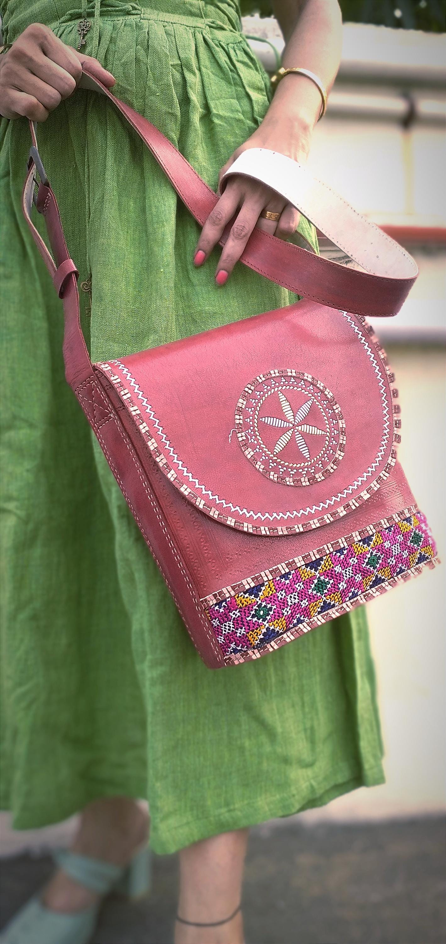 Symphony Brown & Red Hand-Embroidered Leather Bag - Cruelty Free