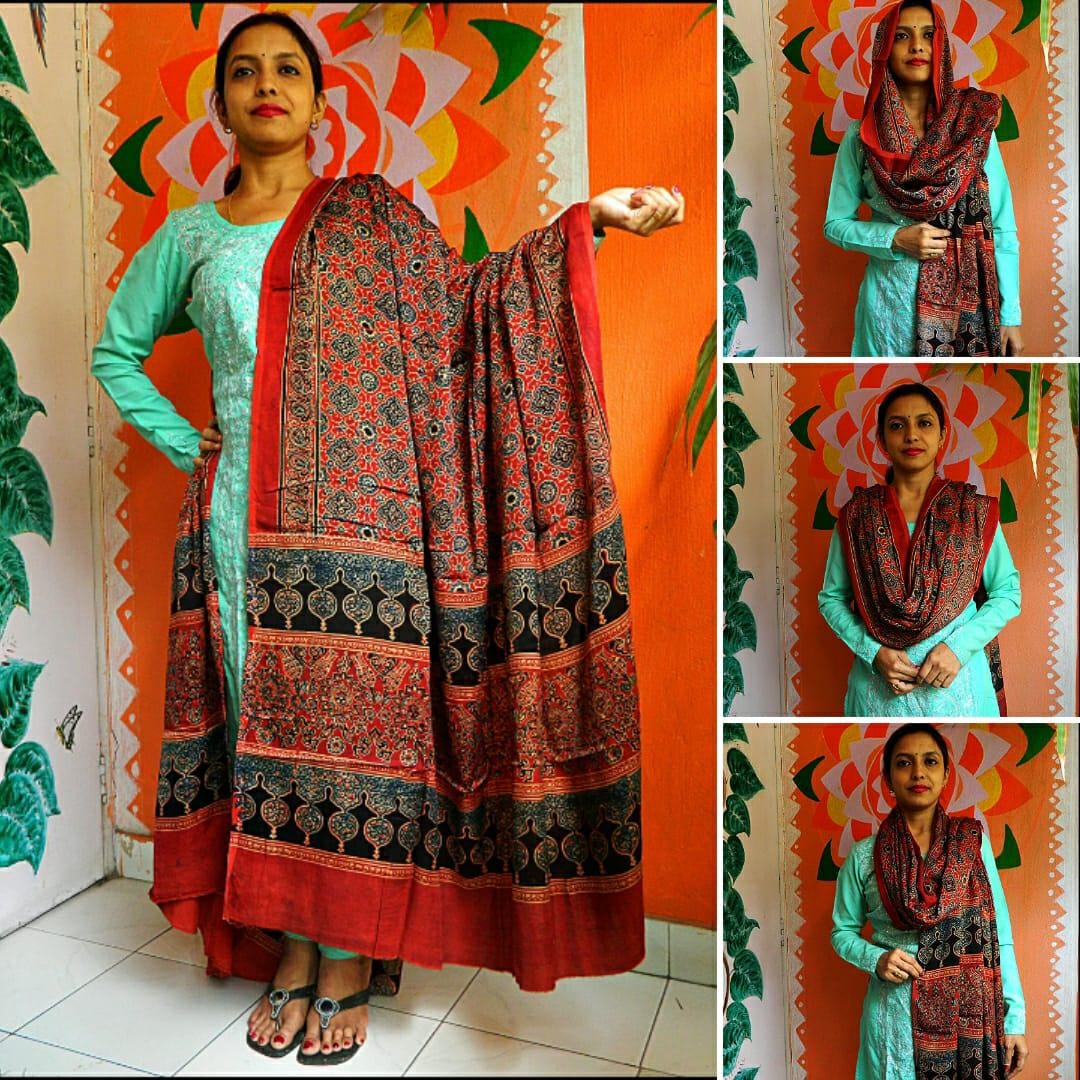 Zubeida Red & Black Ajrakh Modal Silk Dupatta - Natural Dye Stole