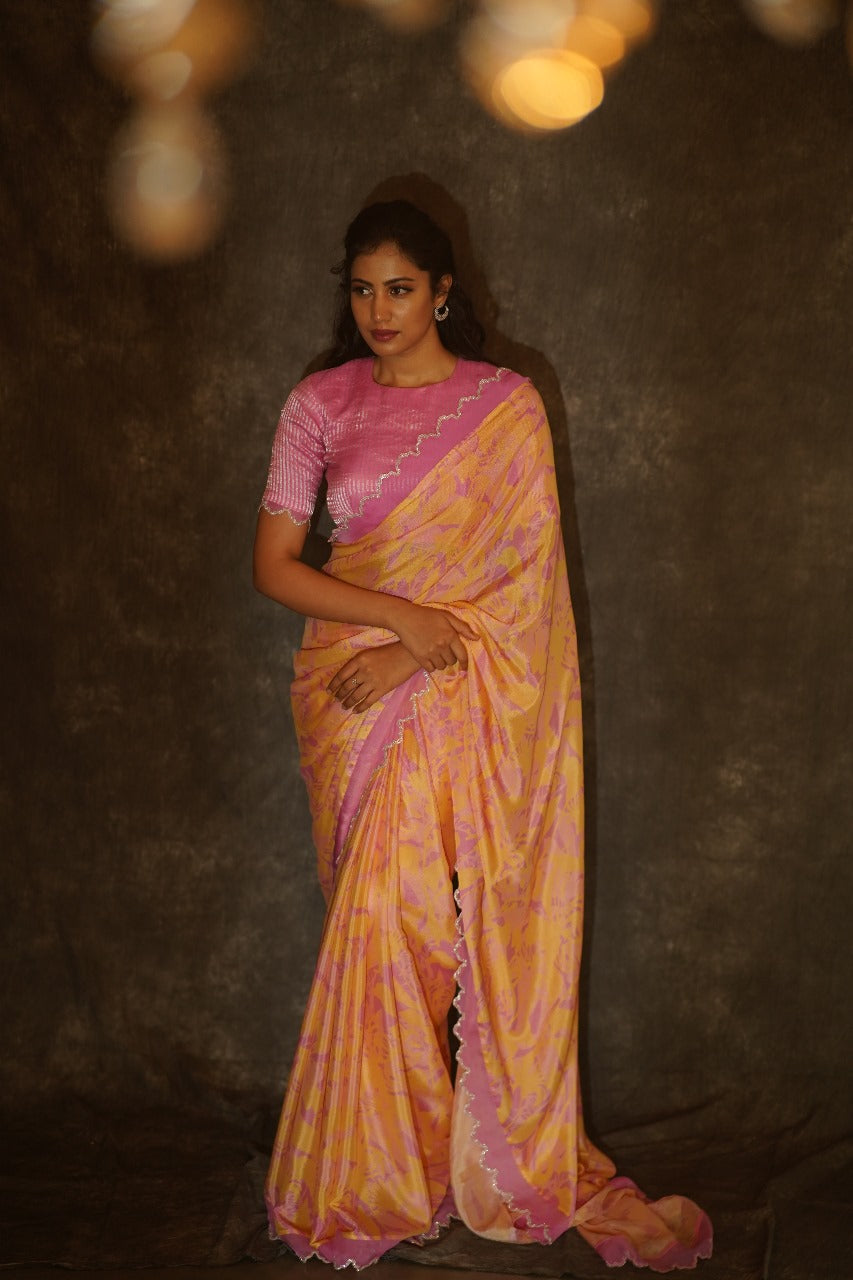 Manorama Fanshell Yellow & Lavender Chiffon Saree with Scallop Details - Party Wear