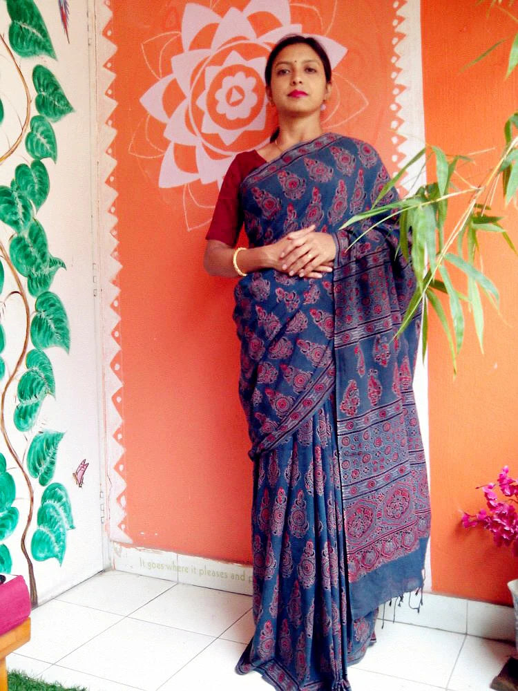 Indigo Blue Madder Red Muslin Cotton Ajrakh Handblock Saree Nature