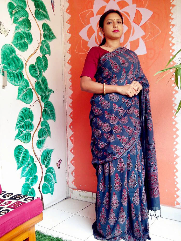 Indigo Blue Madder Red Muslin Cotton Ajrakh Handblock Saree Nature