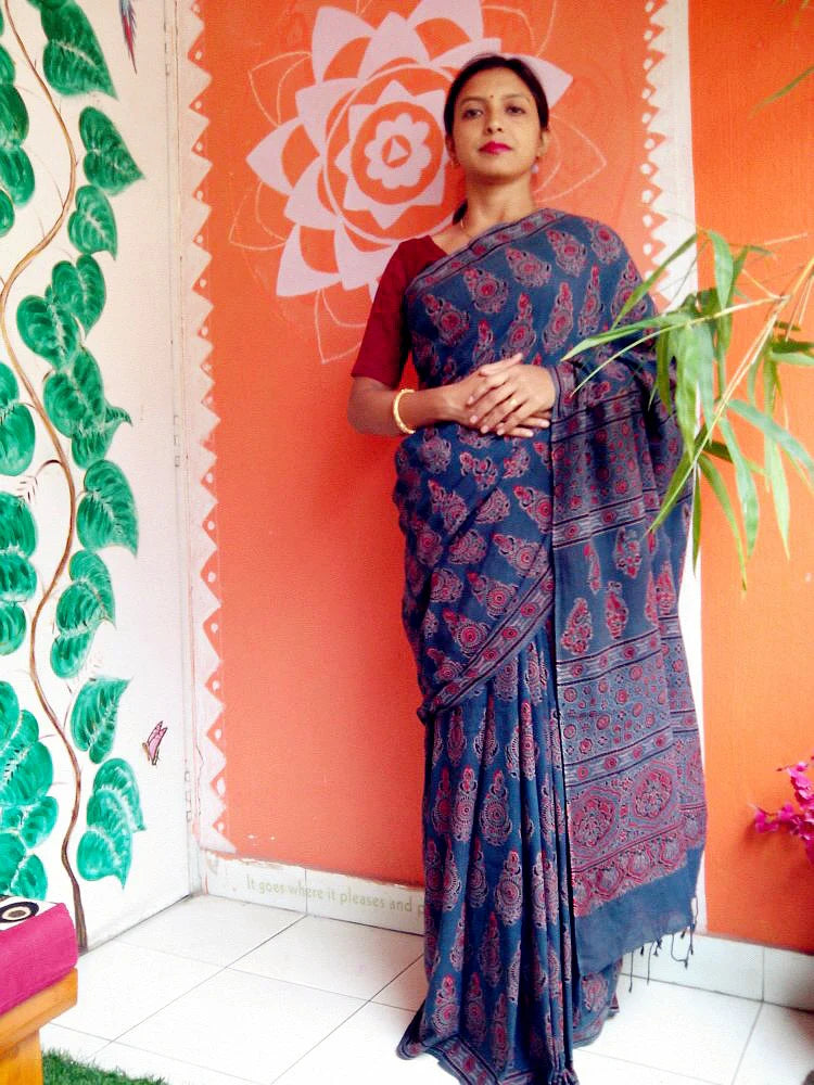 Indigo Blue Madder Red Muslin Cotton Ajrakh Handblock Saree Nature