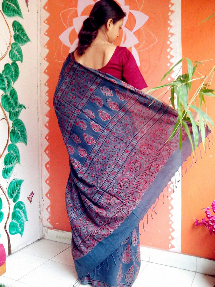 Indigo Blue Madder Red Muslin Cotton Ajrakh Handblock Saree Nature