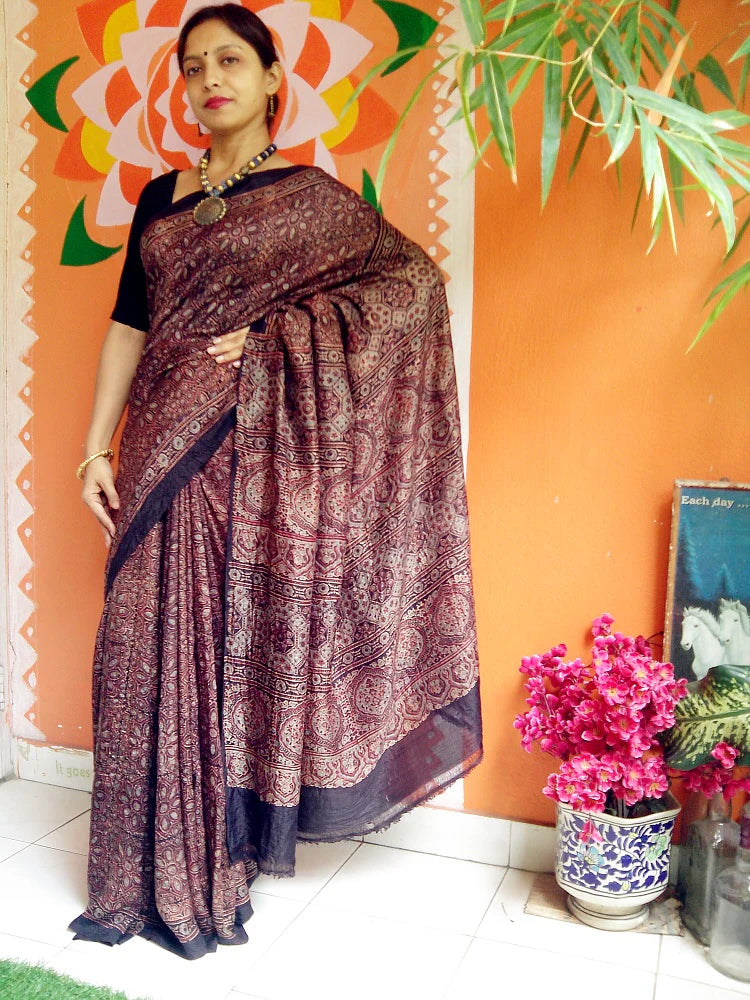 Kashih Brown Mulberry Silk Ajrakh Handblock Saree Nature Inspired