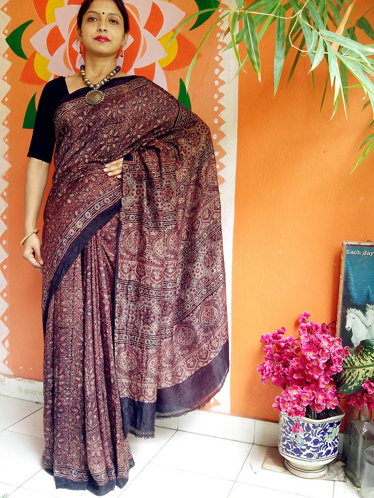 Kashih Brown Mulberry Silk Ajrakh Handblock Saree Nature Inspired