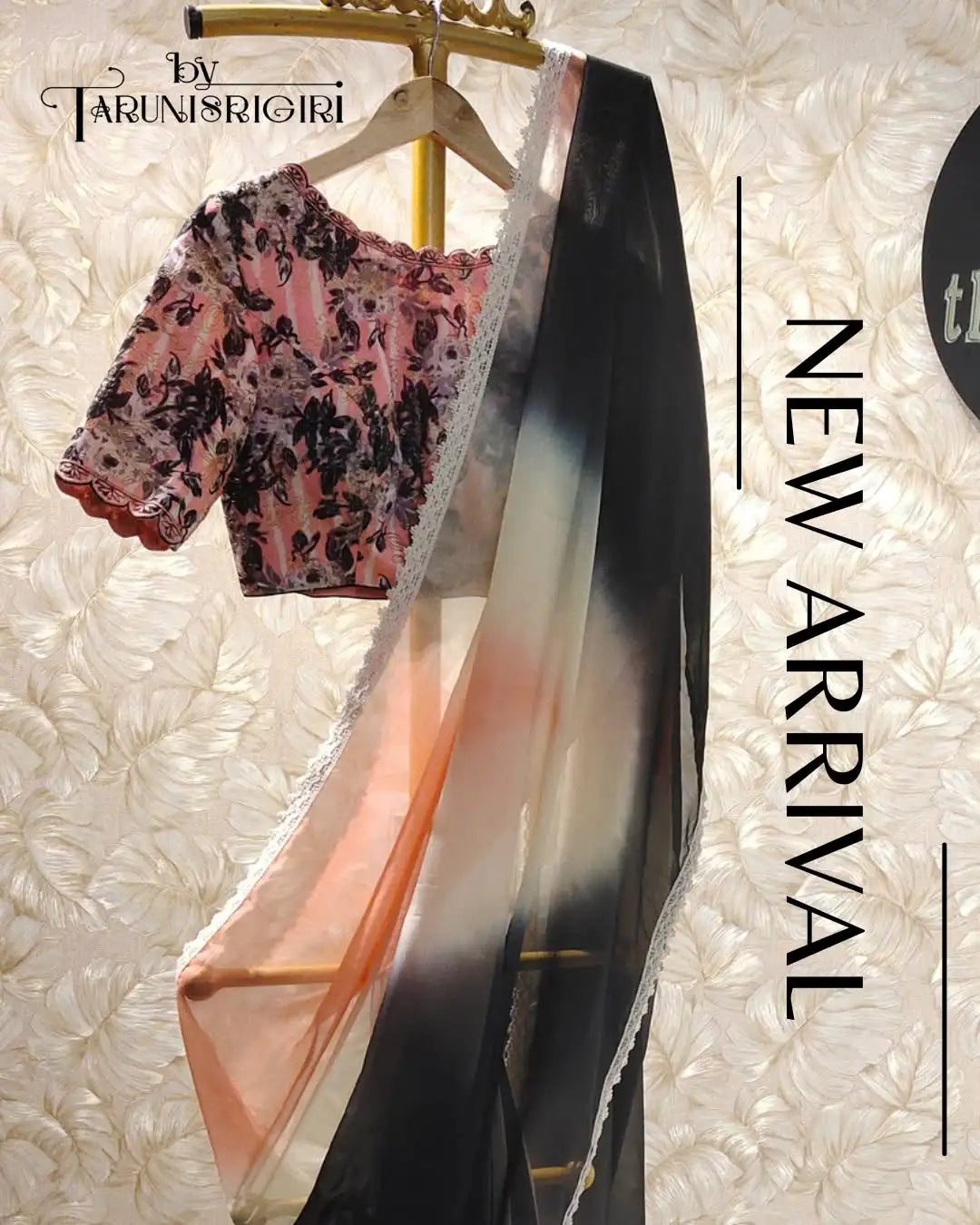 Stunning Black Peach Floral Organza Saree Zari Zardosi