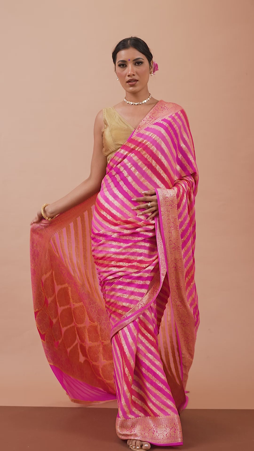 Load video: Pink Striped Georgette Banarasi Saree with Zari Border