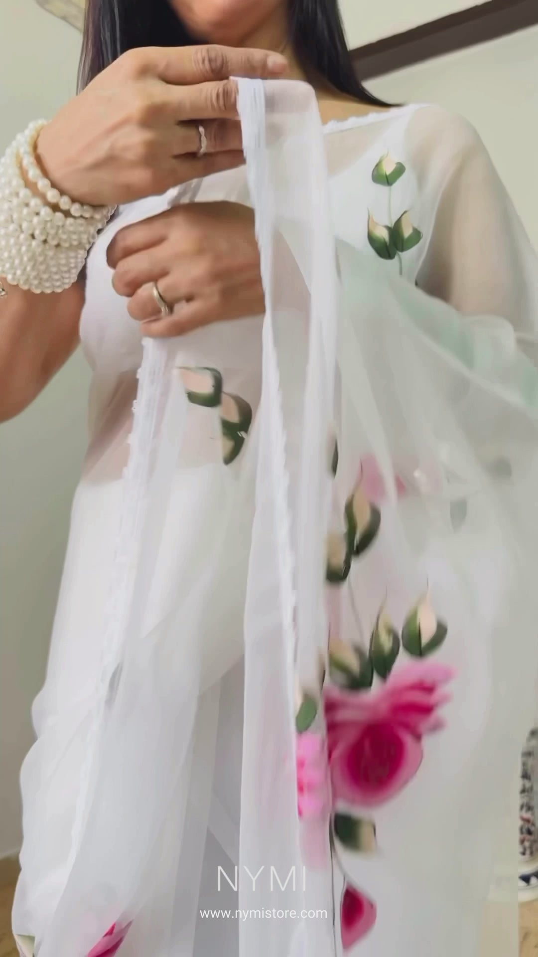 Load video: Serene White Chiffon Handpainted Saree Lace Border Floral
