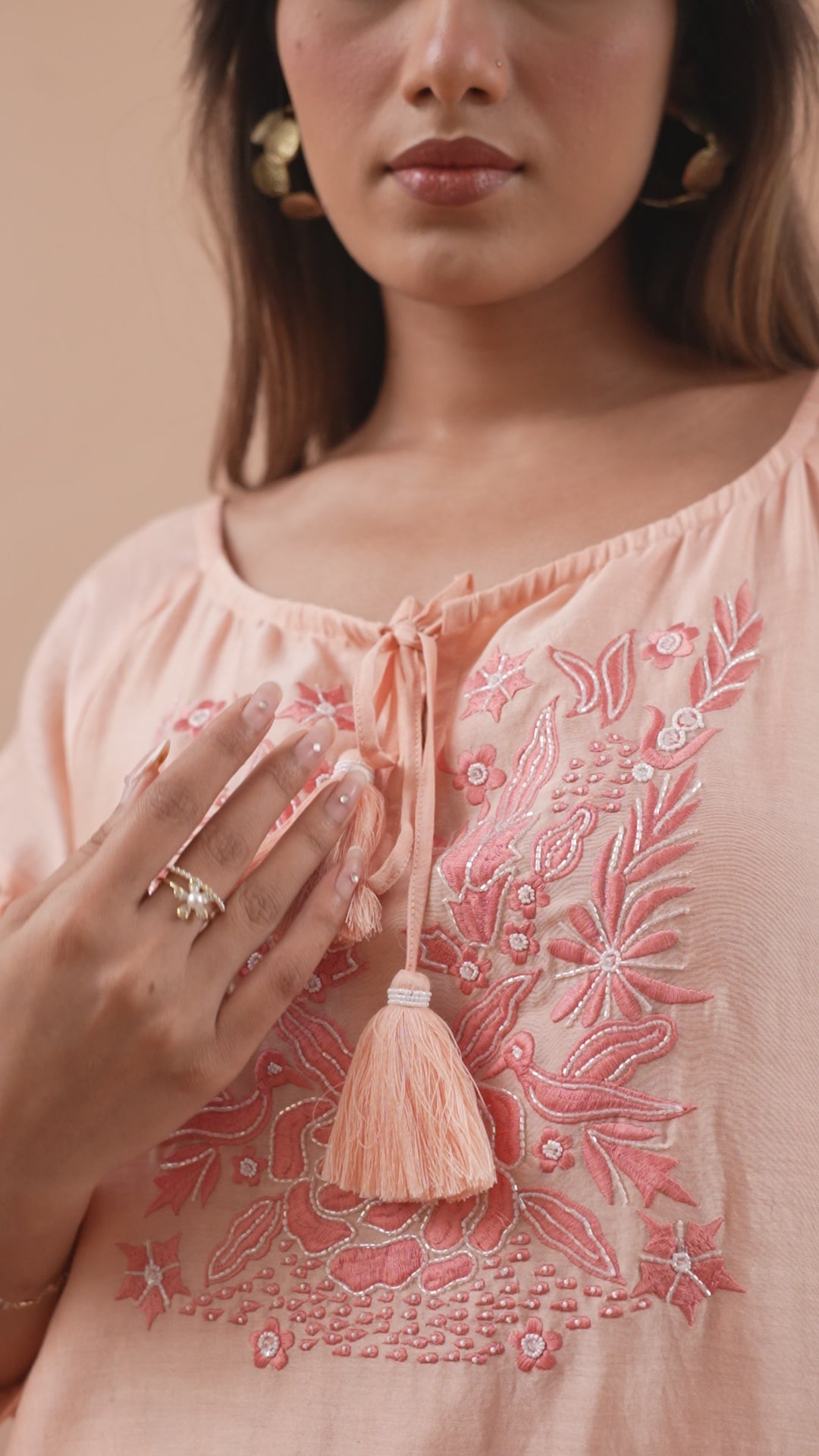 Load video: Aftaab Peach Chanderi Kurta with Embroidered Bishop Sleeves