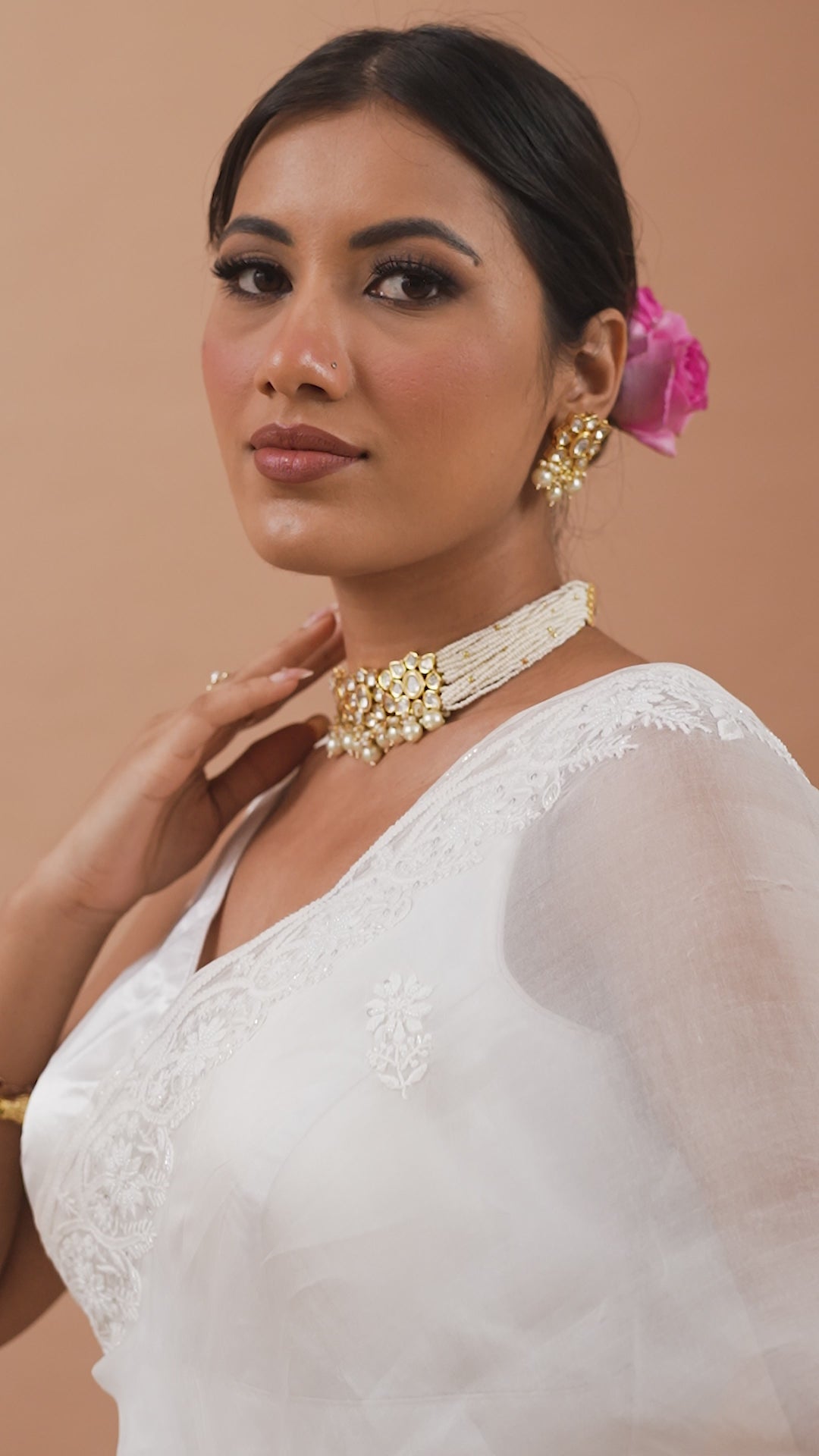 Load video: White Organza Lucknowi Embroidered Saree