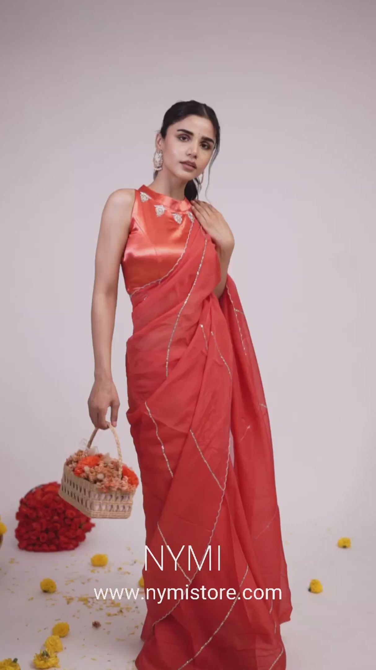 Load video: Mandhaara Sienna Red Embellished Organza Saree - Festive Wear