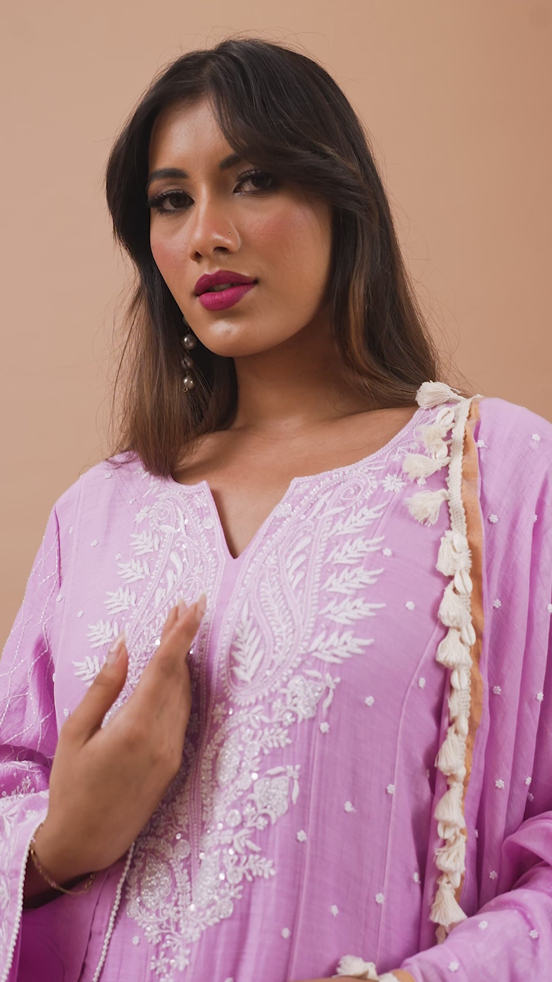 Load video: Adah Lavender Chikankari Anarkali with Tassel Dupatta