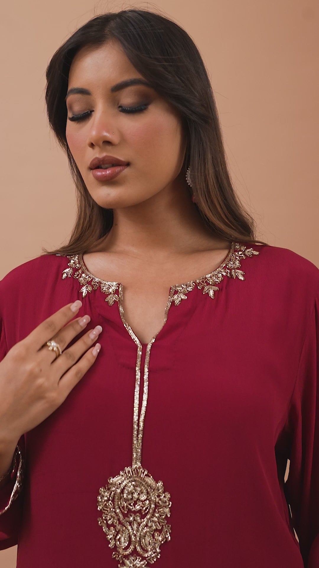 Load video: Naqsh Maroon Hand-Embroidered Crepe Suit Set