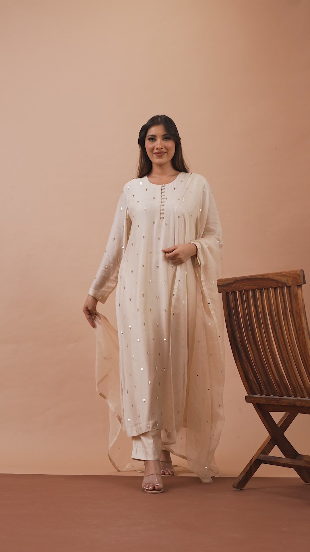 Load video: Sitara Beige Sequin Embellished Butter Silk Suit Set