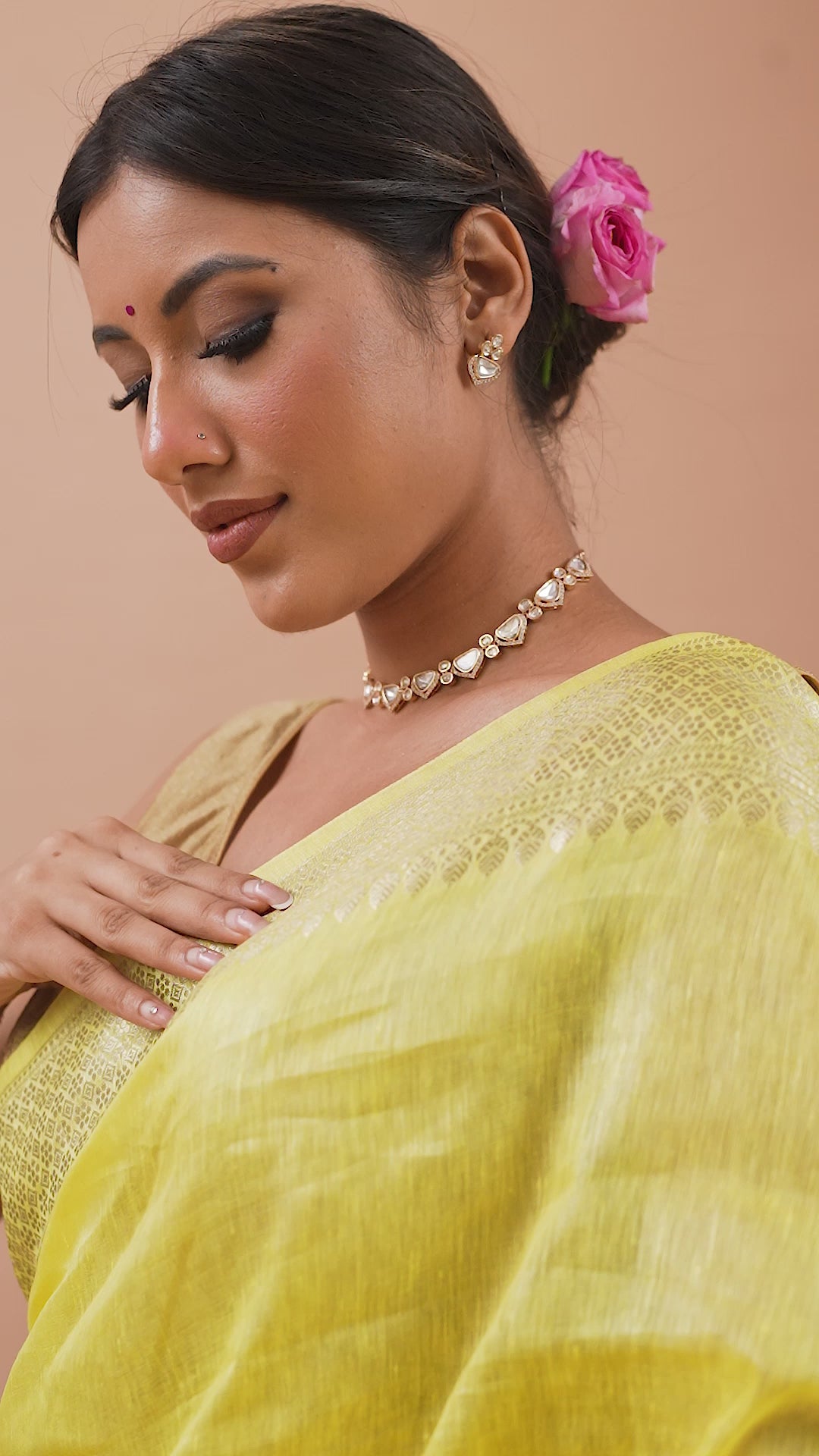 Load video: Sunny Yellow Linen Saree with Gold Zari Border & Tassels