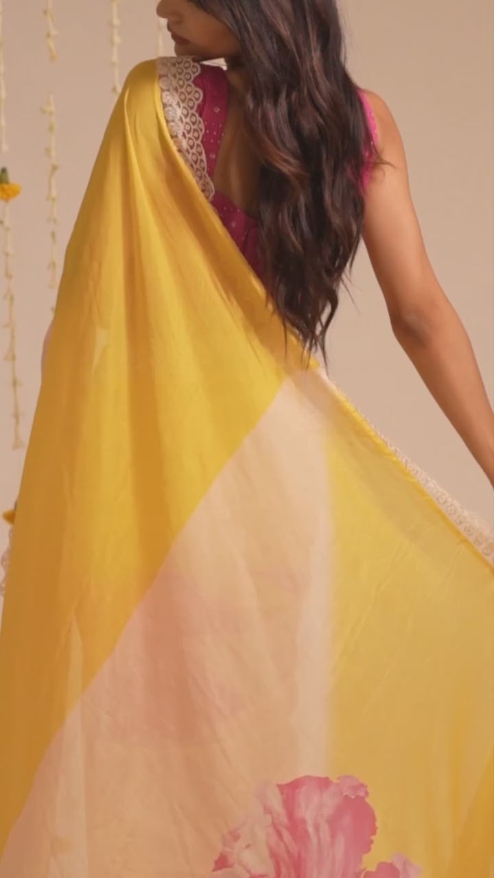 Load video: Mandhaara Haridra Yellow Floral Georgette Saree with Lace Border - Hand-Painted Saree