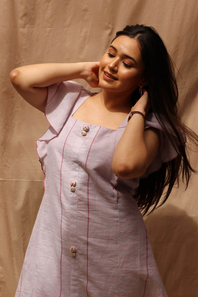 Trendy Lilac Linen Ruffle Sleeve Short Dress - Twilight