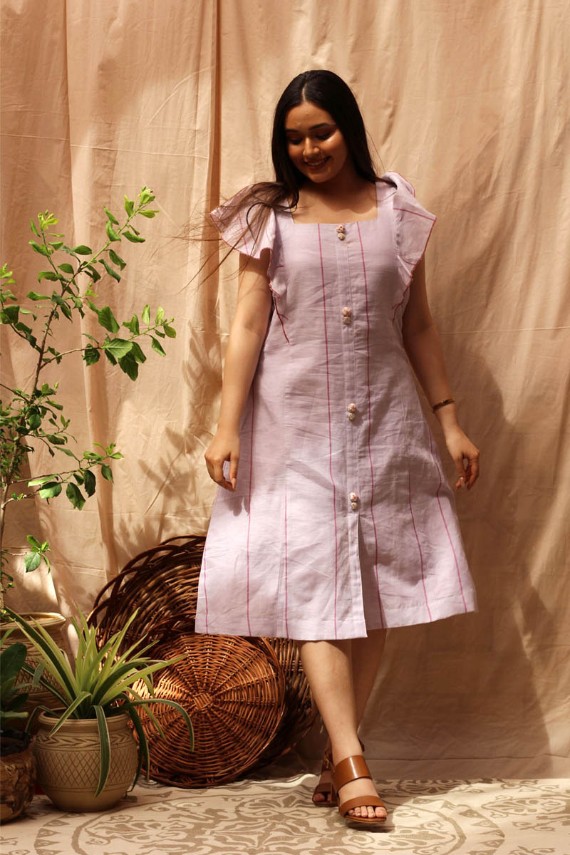 Trendy Lilac Linen Ruffle Sleeve Short Dress - Twilight