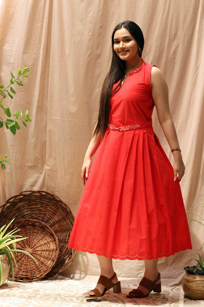 Sophisticated Red Cotton Chikan Hand Embroidered Short Dress - Red Velvet