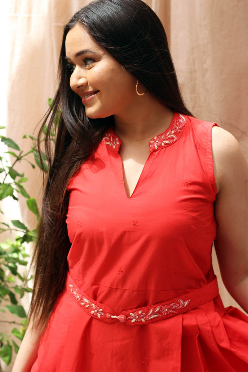 Sophisticated Red Cotton Chikan Hand Embroidered Short Dress - Red Velvet