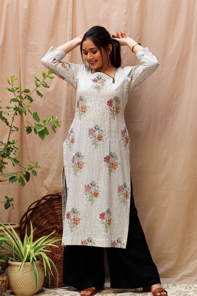 Classic Black White Cotton Striped Floral Kurta Black Flared Pant Set