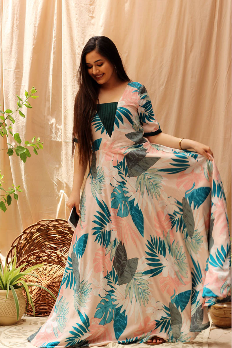 Eye-Catching Blue Multicolor Rayon Tropical Print Long Dress - Moonflower
