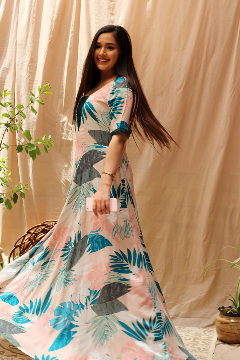 Eye-Catching Blue Multicolor Rayon Tropical Print Long Dress - Moonflower