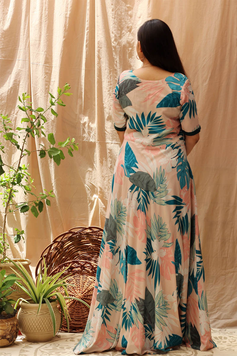 Eye-Catching Blue Multicolor Rayon Tropical Print Long Dress - Moonflower