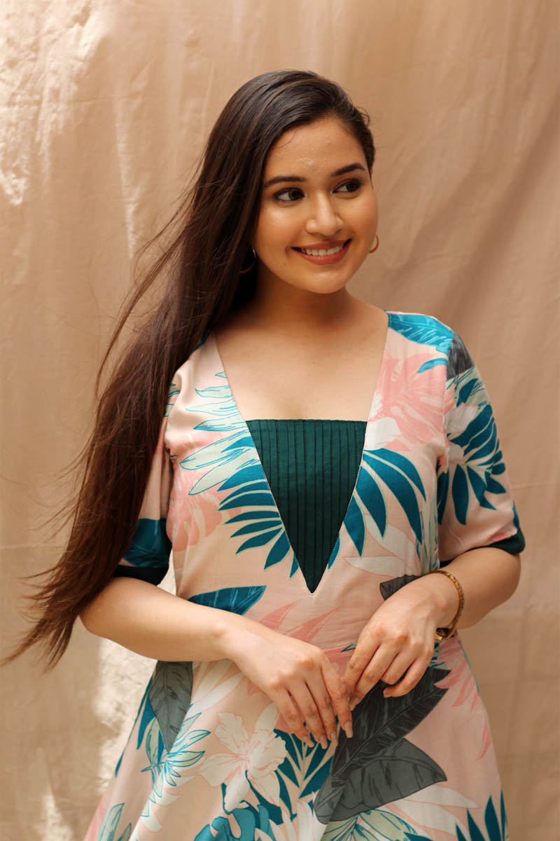 Eye-Catching Blue Multicolor Rayon Tropical Print Long Dress - Moonflower