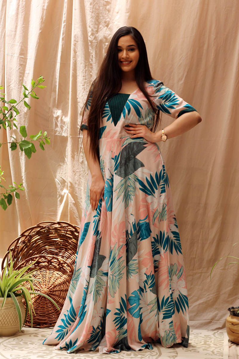 Eye-Catching Blue Multicolor Rayon Tropical Print Long Dress - Moonflower