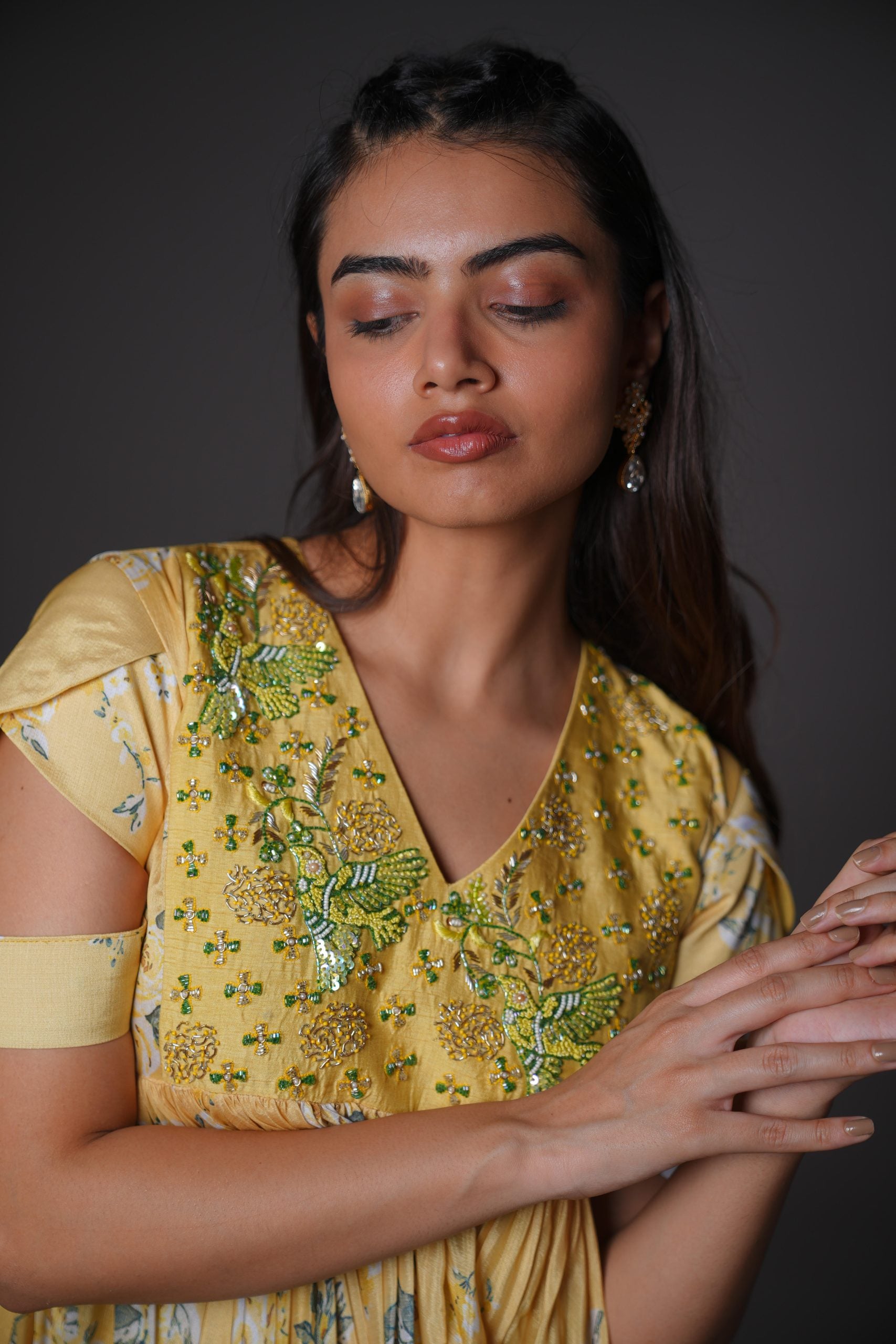 Bumblebee Yellow Floral Chiffon Gown - Party Gown