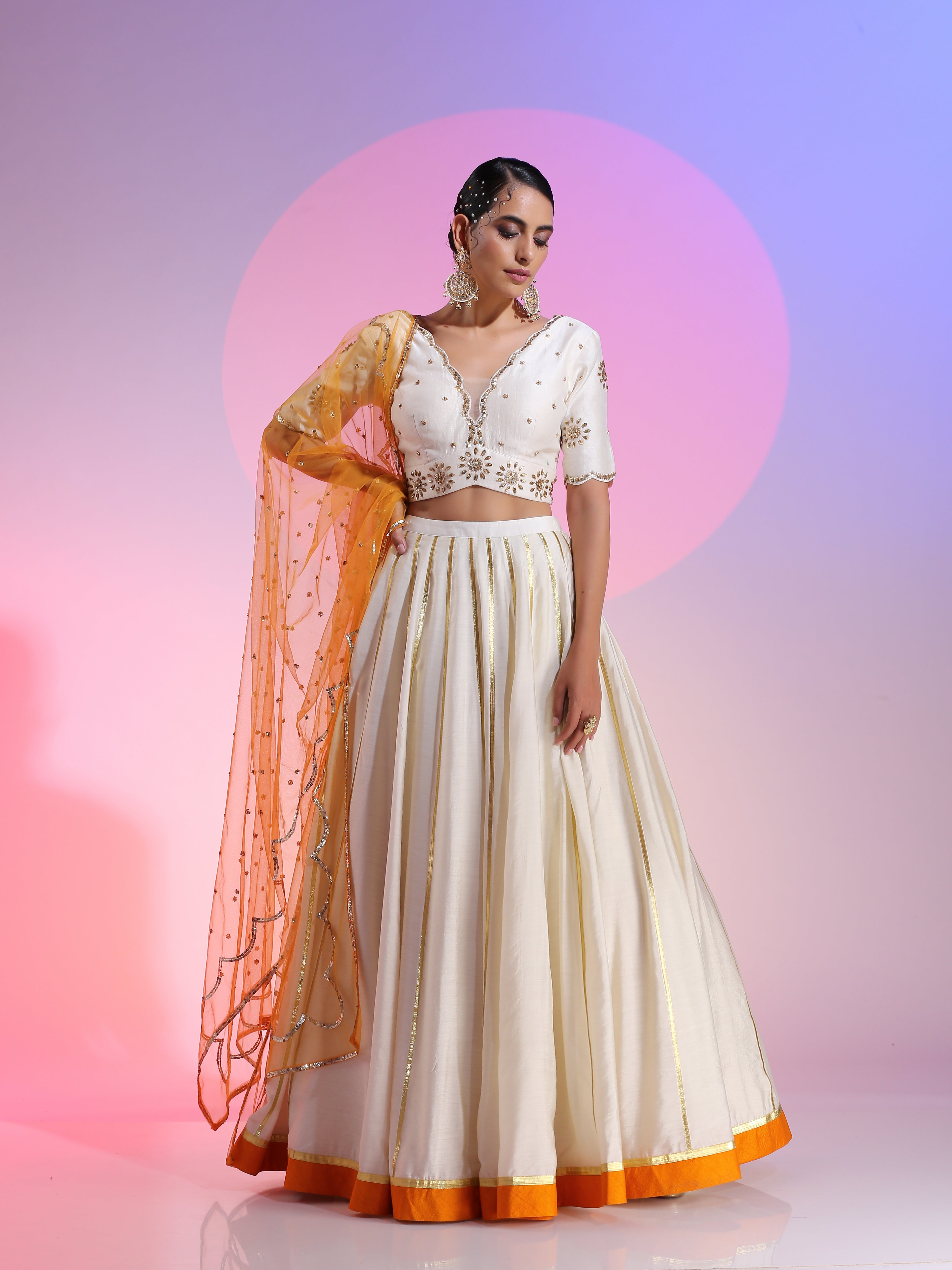Ivory Yellow Orange Chanderi Sequin Gotta Lehenga Net Dupatta