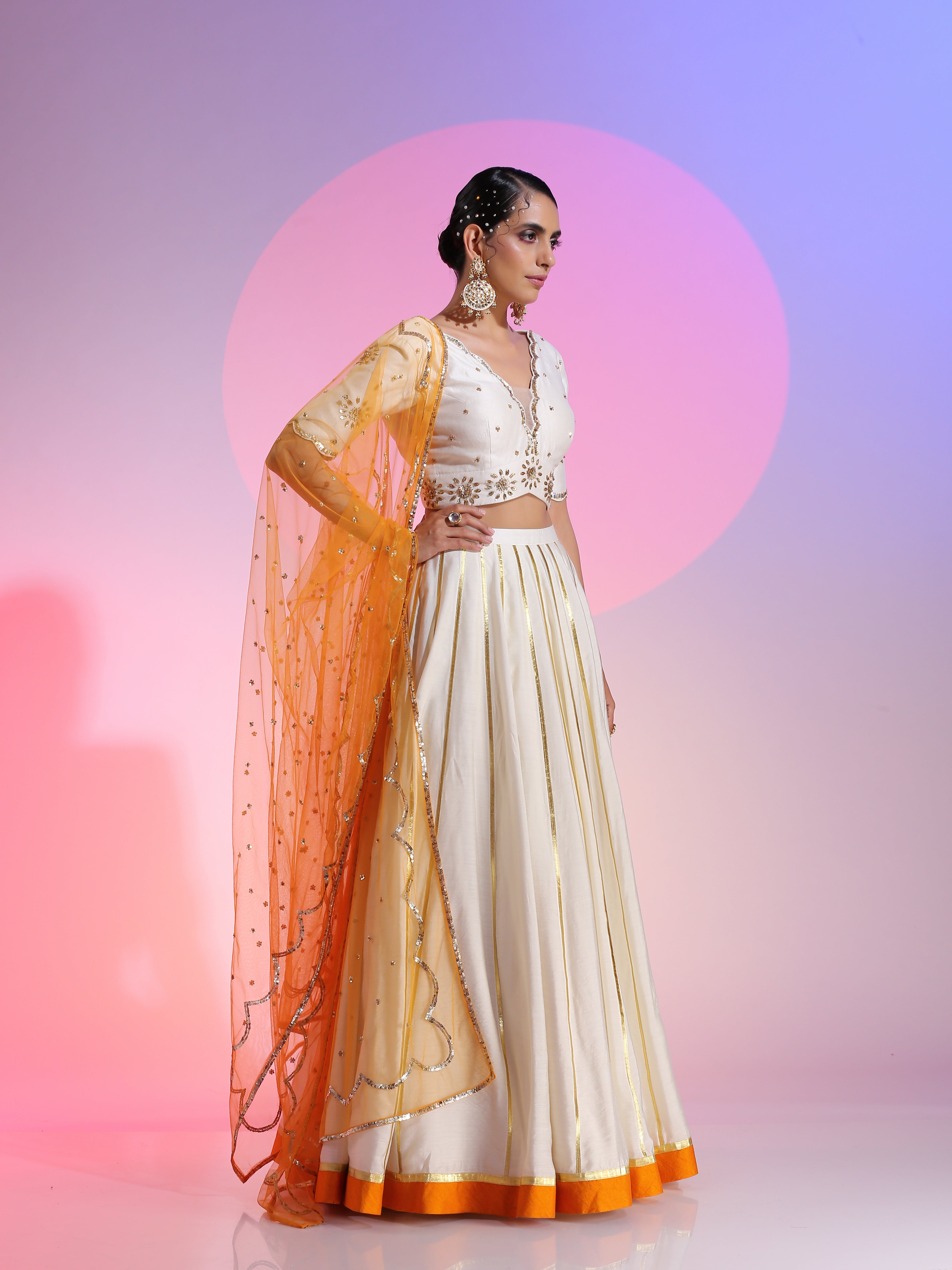 Ivory Yellow Orange Chanderi Sequin Gotta Lehenga Net Dupatta