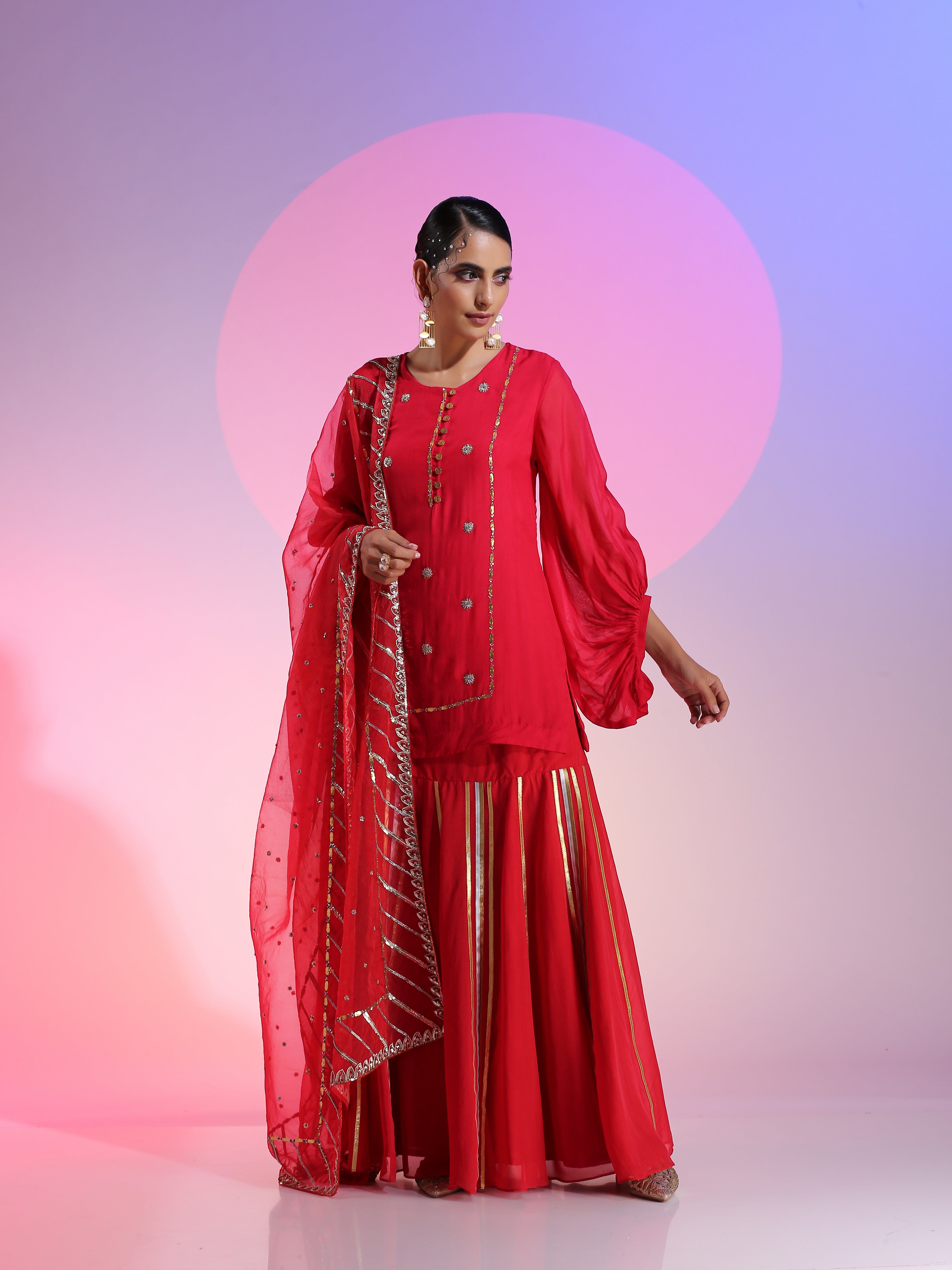 Red Organza Gotta Dabka Drop Waist Lehenga Kurta Dupatta Set